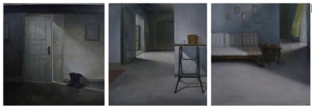 Loi Cai Xiang 9PM Boots by the door, 1AM Cup with the Display Shelf, 8AM Sofa with a cup, 60 X 60 cm Oil on Canvas 2013